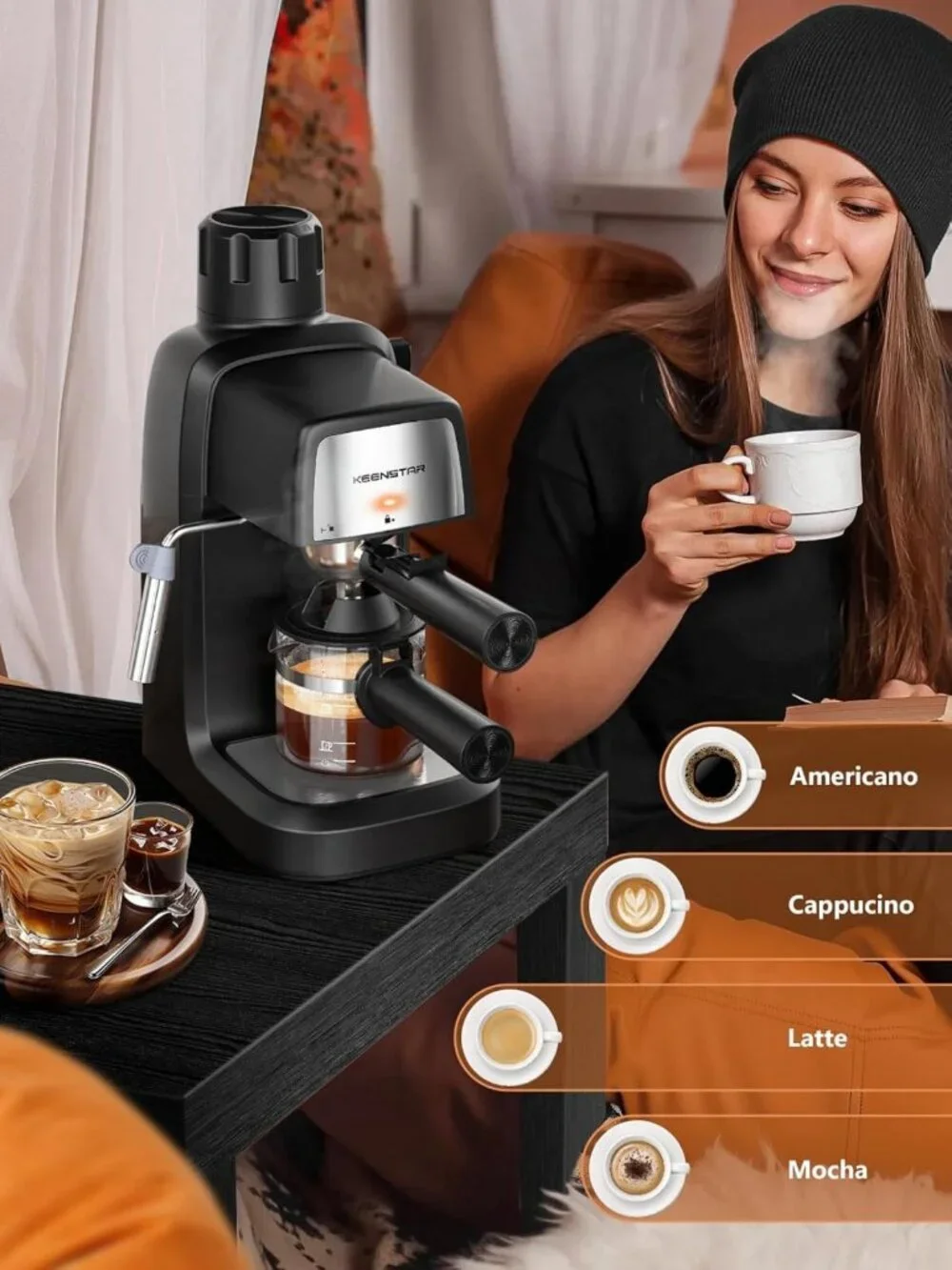Compact 4-Cup Espresso Maker with Milk Frother | Fast Heating Cappuccino & Latte